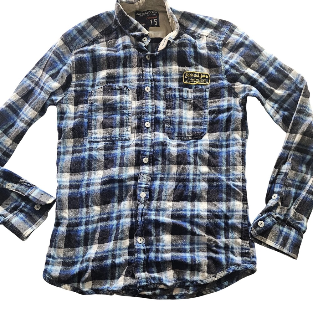 Jack & Jones Shirt Mens Small Blue Plaid Button Front Jeans Intelligence Flannel